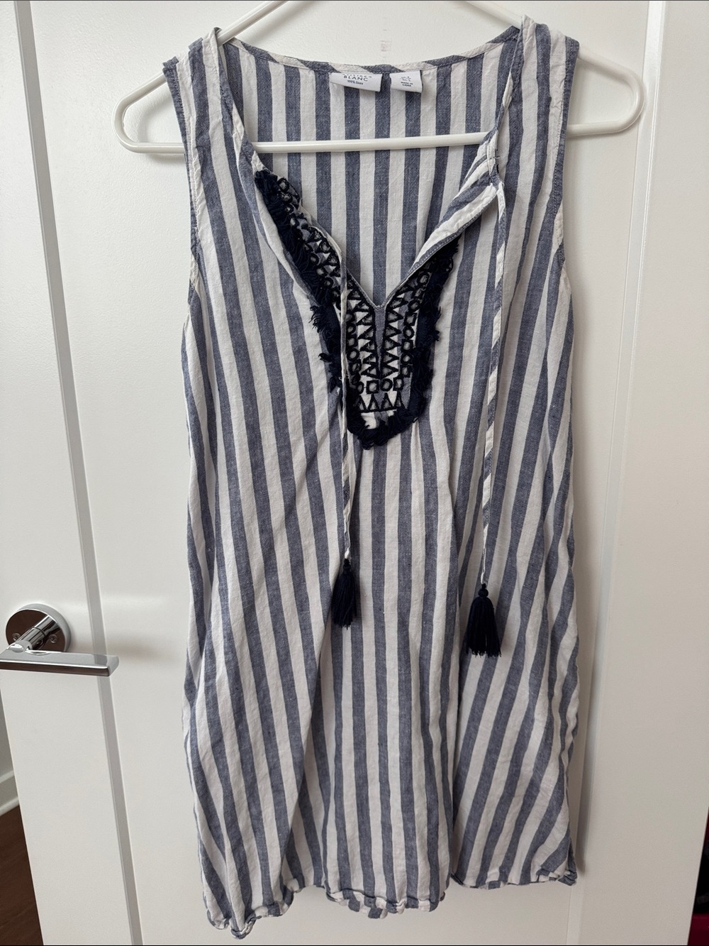 Antibes Blanc Striped Sleeveless linen tunic Dress with tassel tie